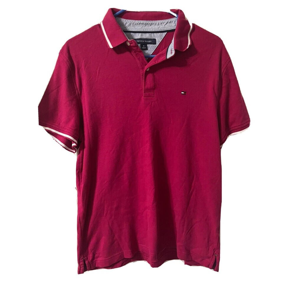Tommy Hilfiger WomensPolo Shirt SZ Medium Raspberry Pink Red Short Sleeve Cotton